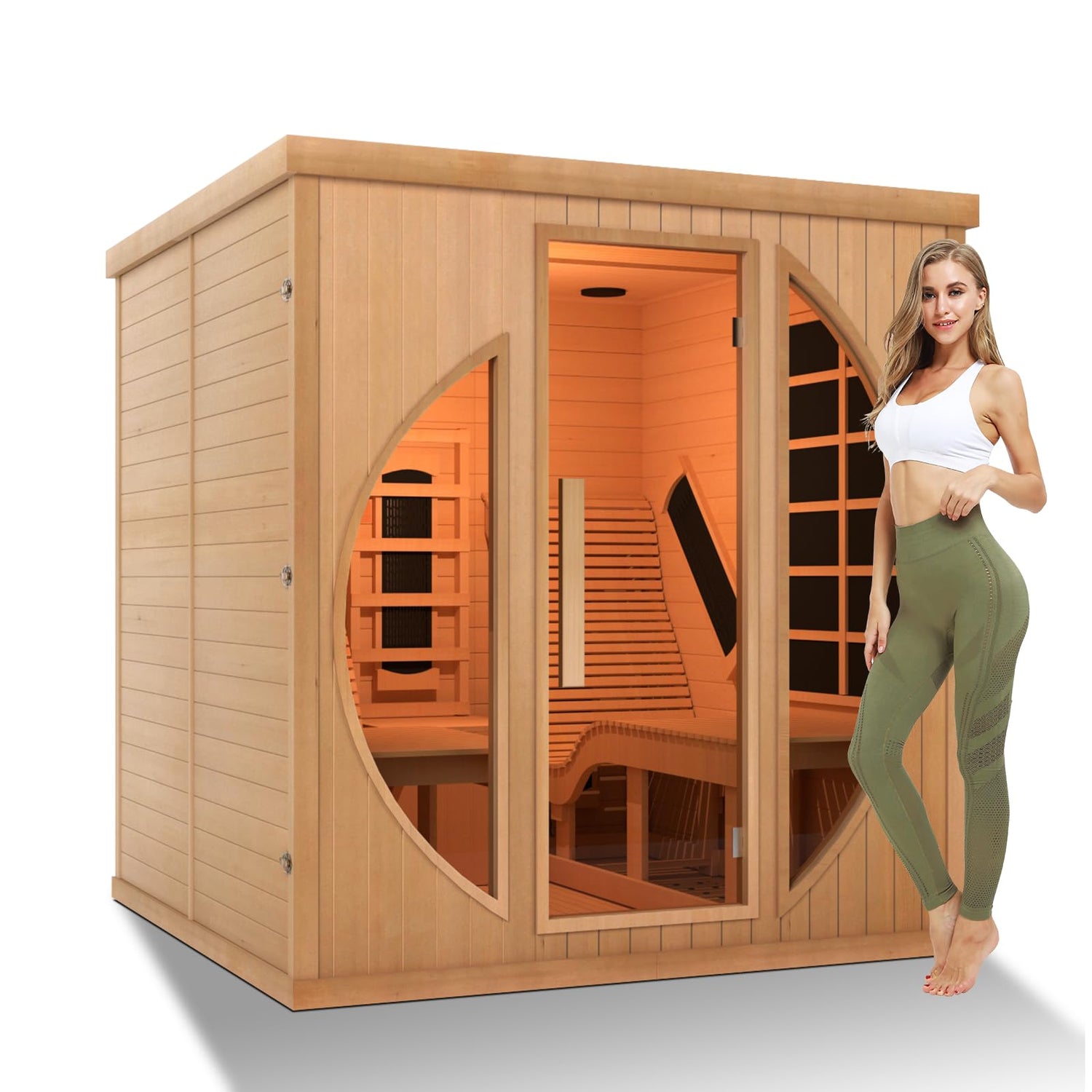 iDOTODO Far Infrared Wooden Sauna Room with Recliner, 2 Person Indoor Infrared Home Sauna, Indoor Saunas for Home 220V， 3400W, 9 Heaters, Hemlock, iDOTODO