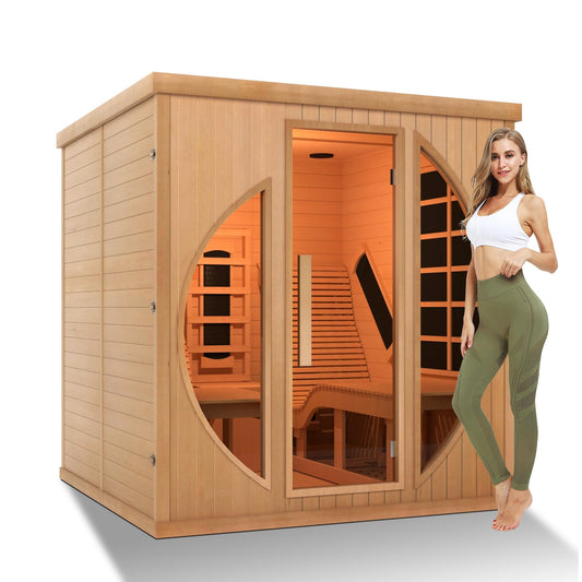 iDOTODO Far Infrared Wooden Sauna Room with Recliner, 2 Person Indoor Infrared Home Sauna, Indoor Saunas for Home 220V， 3400W, 9 Heaters, Hemlock,