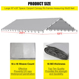 DWALE 10 x 20 Ft Carport,Replacement Canopy Cover Garage Top Tent Shelter Tarp,Grey with 48 Ball Bungee Cords Waterproof & UV Protected (Only Tarp DWALE