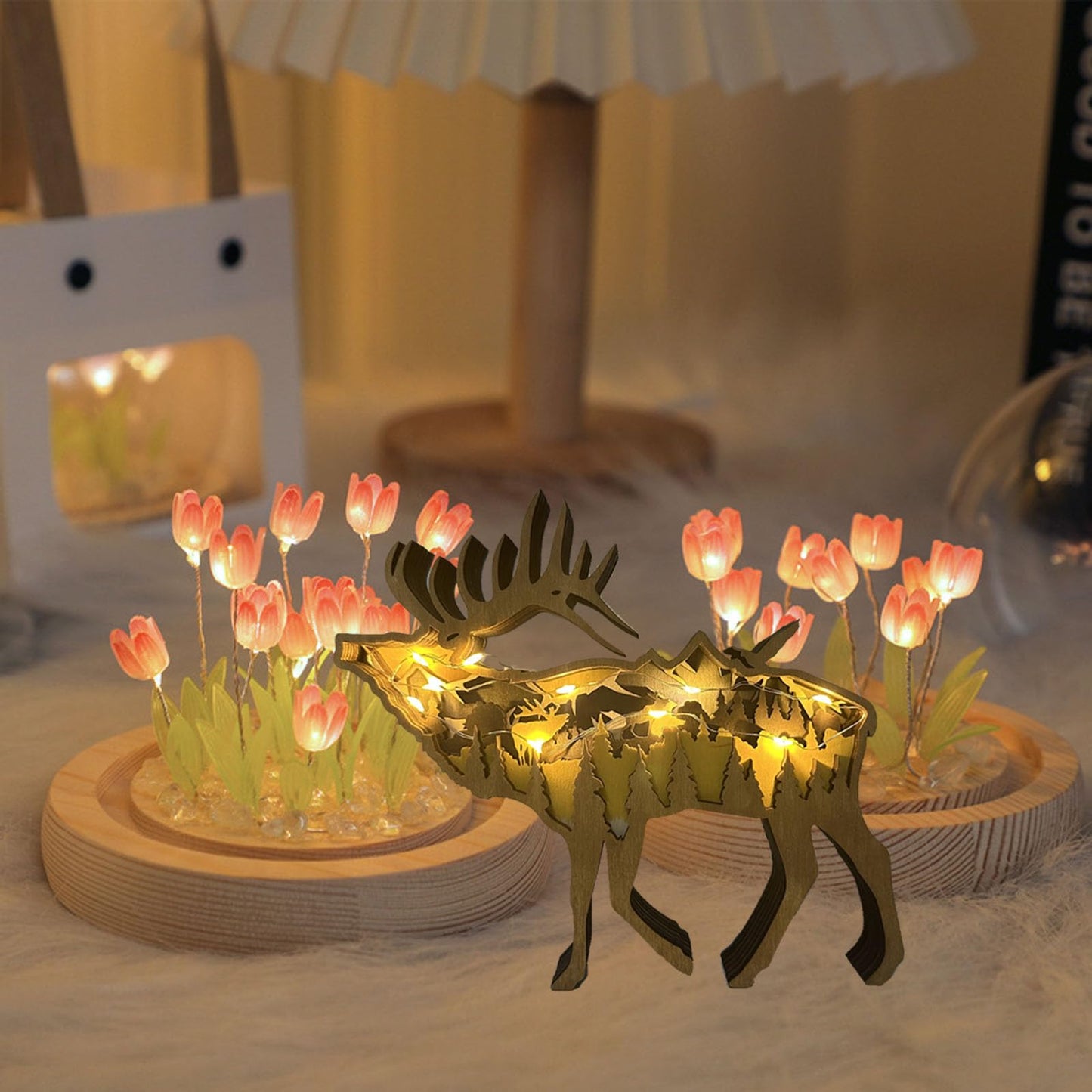 Xmas Moose Decor, Christmas Wooden Centerpiece Animal Table Decorations, 3D Multilayer Forest Wall Art Carved Moose Decor, Wooden Moose Figurine for Shelf Table Office,Glowing Moose Statue Decor (A)