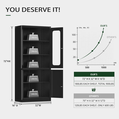 Greenvelly Metal Storage Cabinet with Lock, Tall Office Storage Cabinet with Glass Doors and Adjustable Shelves, Steel File Storage Cabinet for Home