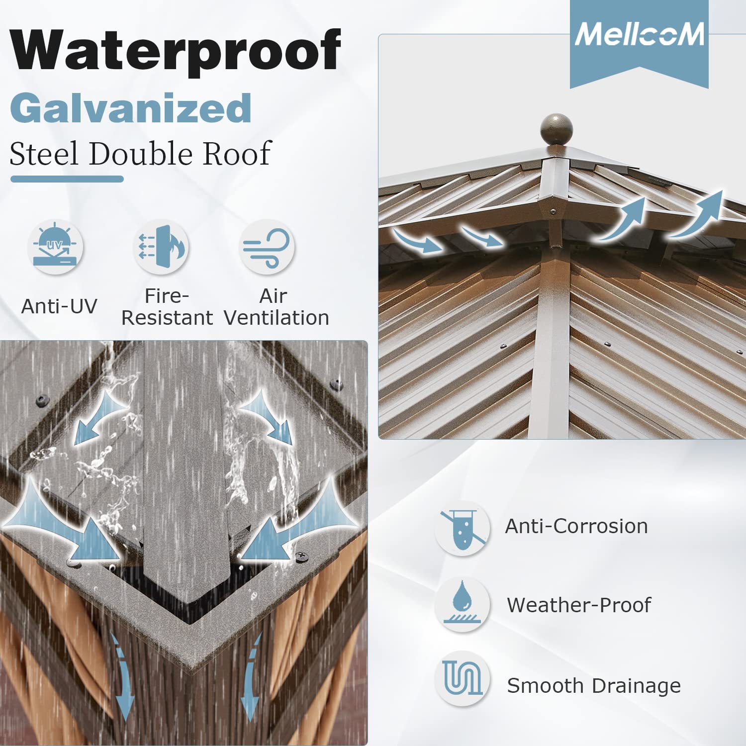 MELLCOM 12' x 20' Hardtop Gazebo,Galvanized Steel Metal Double Roof Aluminum Gazebo with Curtain and Netting,Brown Permanent Pavilion Frame for MELLCOM