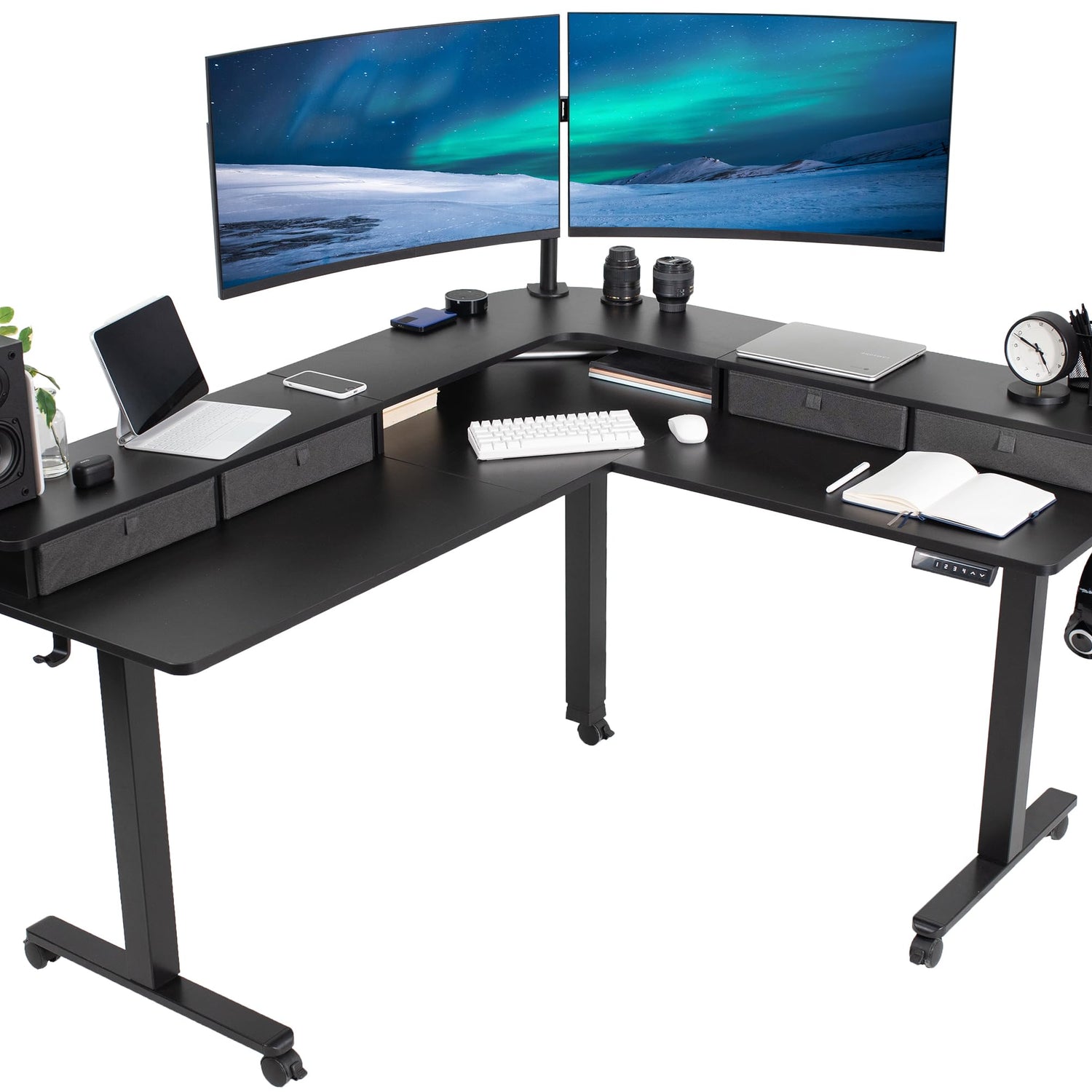 VIVO Electric 2-Tier Height Adjustable 63 x 55 inch Stand Up Corner Desk, L-Shaped Mobile Table with Memory Controller, Black Table Top, Black Frame, VIVO