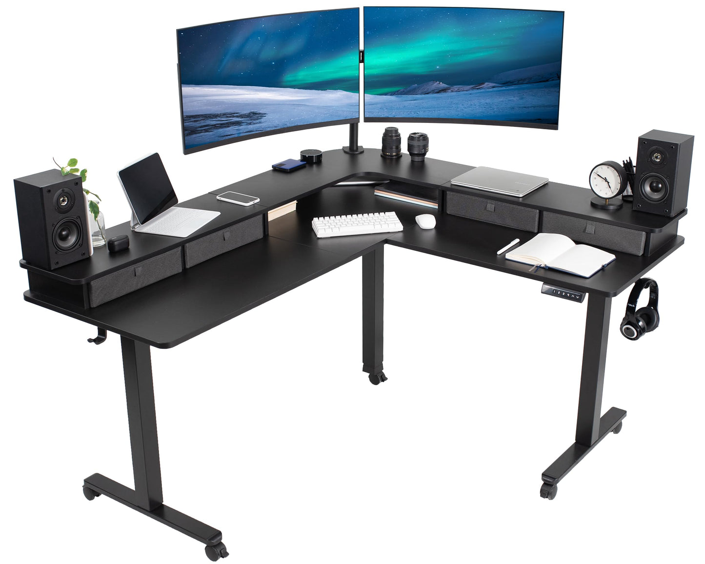 VIVO Electric 2-Tier Height Adjustable 63 x 55 inch Stand Up Corner Desk, L-Shaped Mobile Table with Memory Controller, Black Table Top, Black Frame,