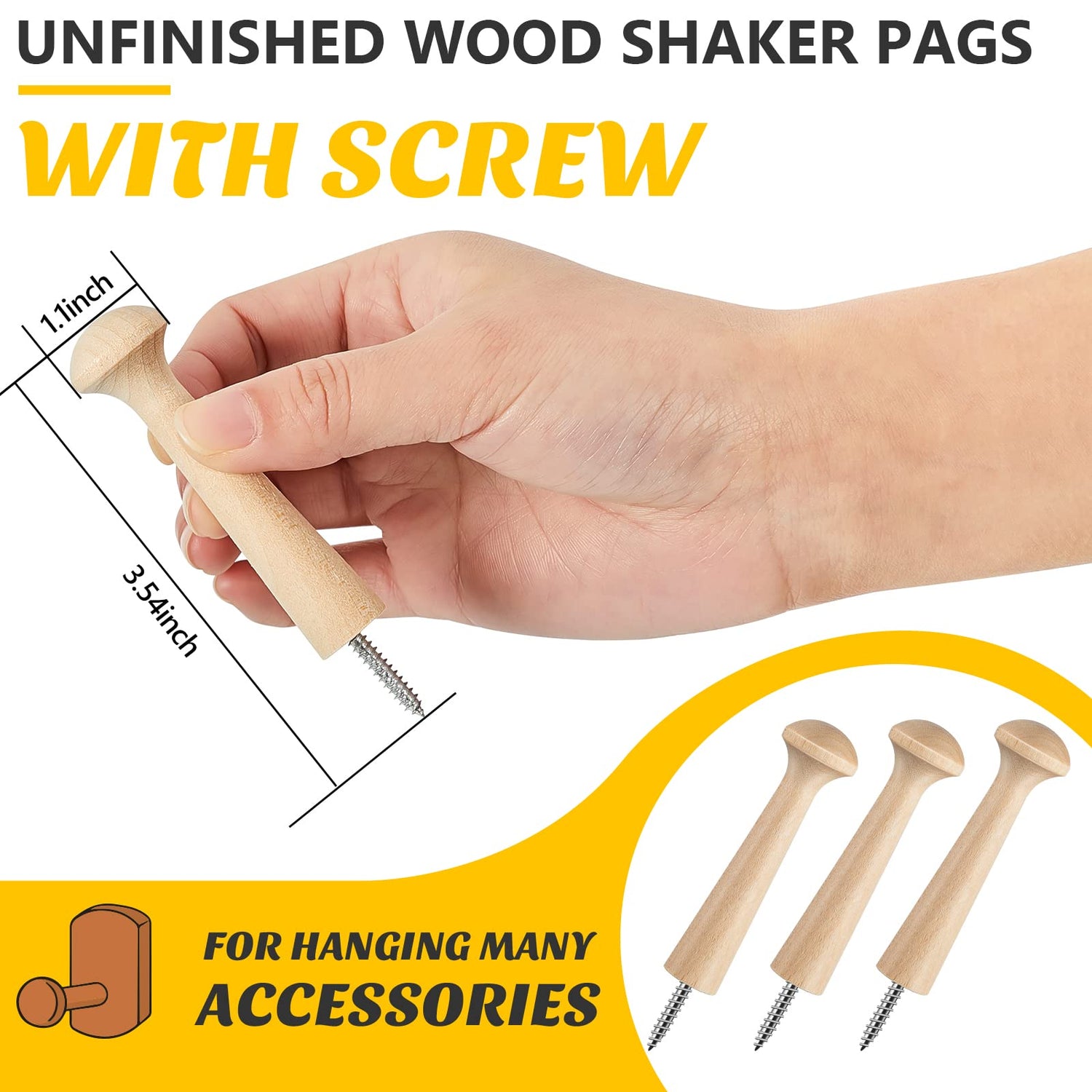 Jetec Wooden Shaker Peg Wood Screw-on Shaker Pegs 2.9 Inch Long Unfinished Wood Shaker Racks for Hanging Clothes Hats Towel and More DIY Paint Color Jetec