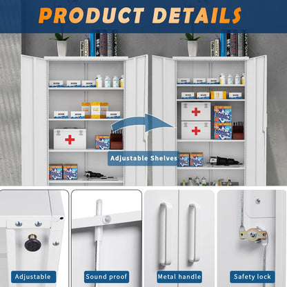 Yizosh Metal Storage Cabinet with Lock - 72" Garage Storage Cabinet with 2 Locking Doors and 5 Adjustable Shelves, White Steel Lockable File Cabinet