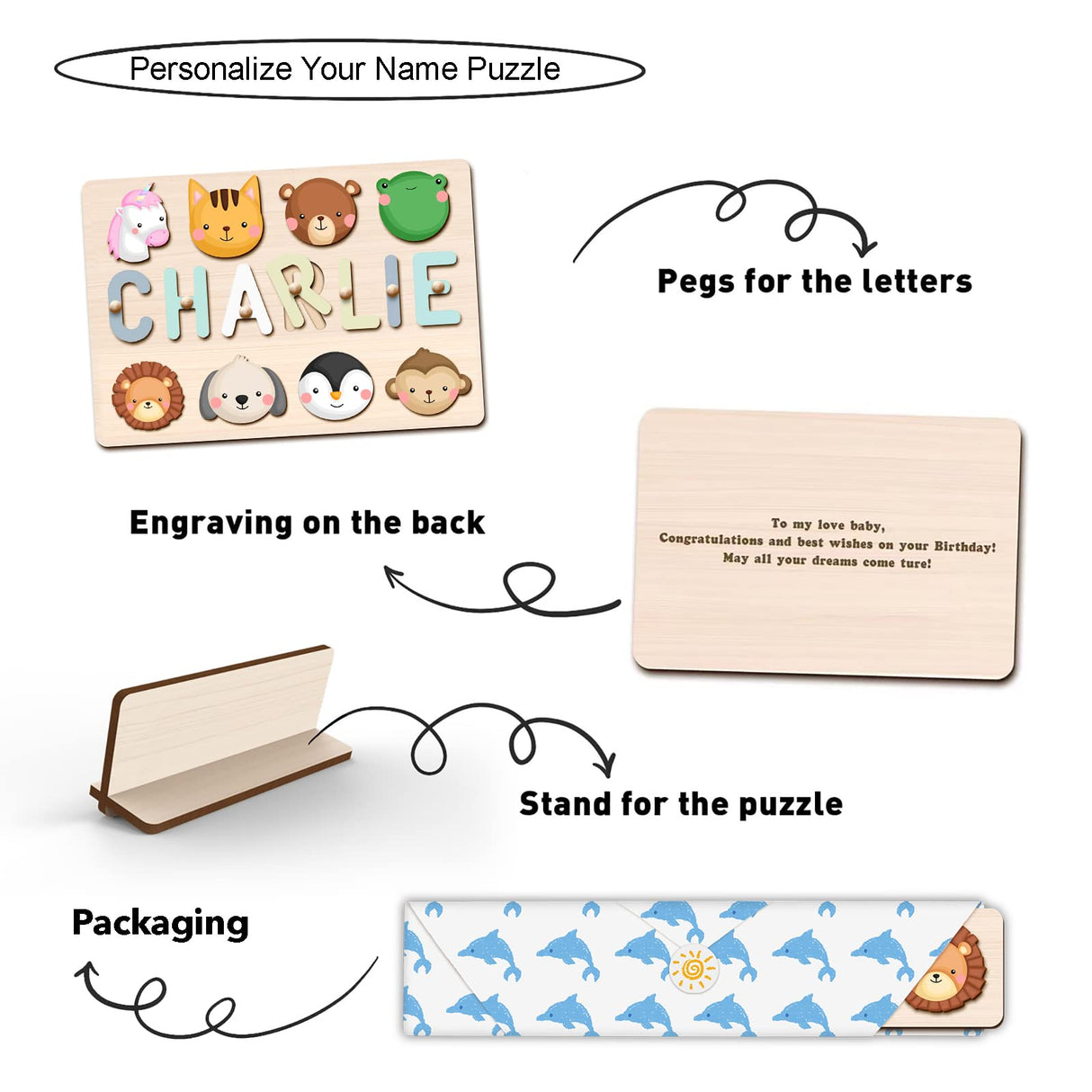 PUREFLY Personalized Name Puzzle for Kids Engraved Text Greetings on Back Custom Wooden Name Signs with Pegs for Baby Boy & Girl 1 Year Old Nursery PUREFLY