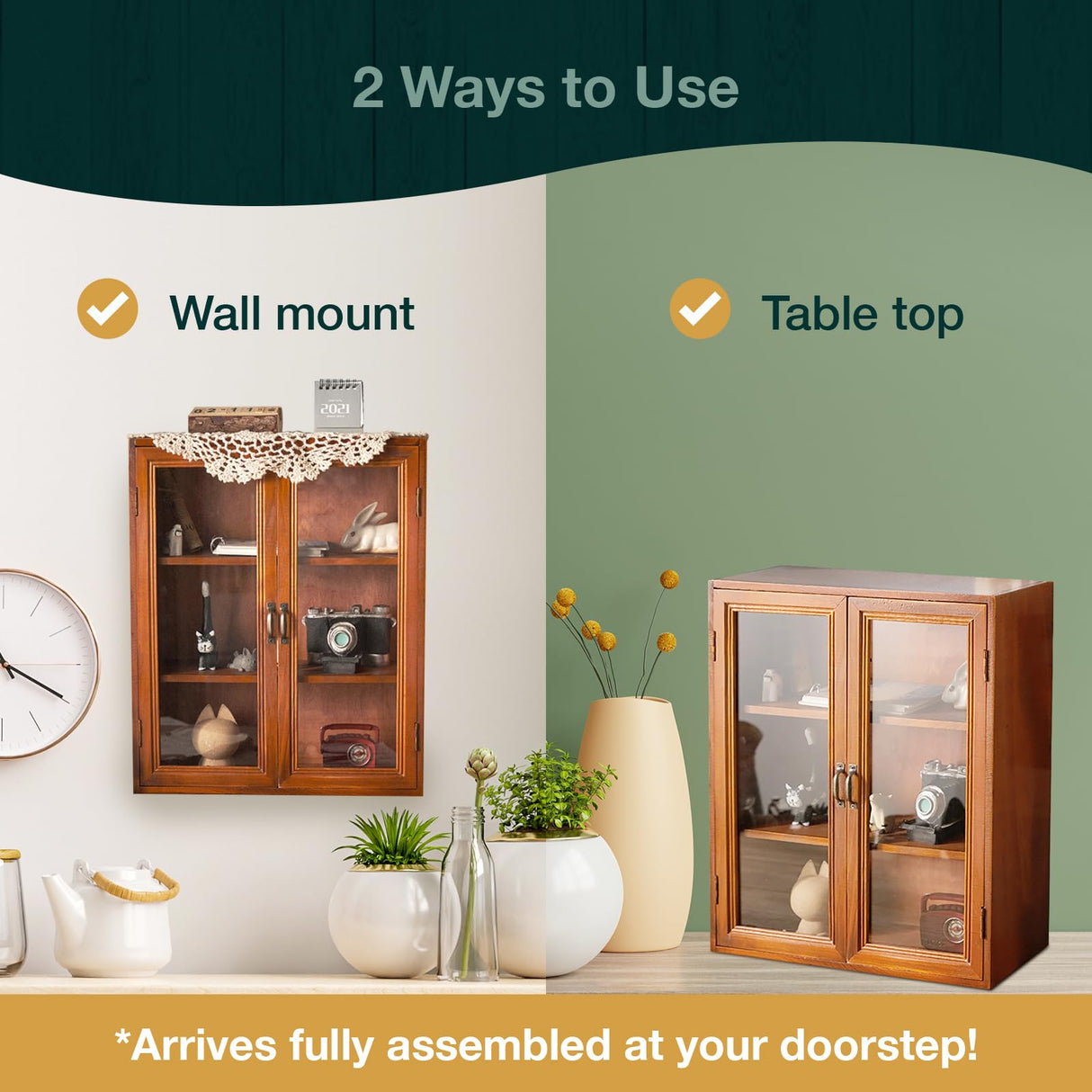 Wall Mount Storage Display Cabinet with Clear Display Doors - 12”x14”x5” Pantry Storage Hanging Cupboard - 3-Level Cover Cabinet with 2 Metal Handles Woodaholic