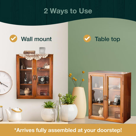 Wall Mount Storage Display Cabinet with Clear Display Doors - 12”x14”x5” Pantry Storage Hanging Cupboard - 3-Level Cover Cabinet with 2 Metal Handles Woodaholic