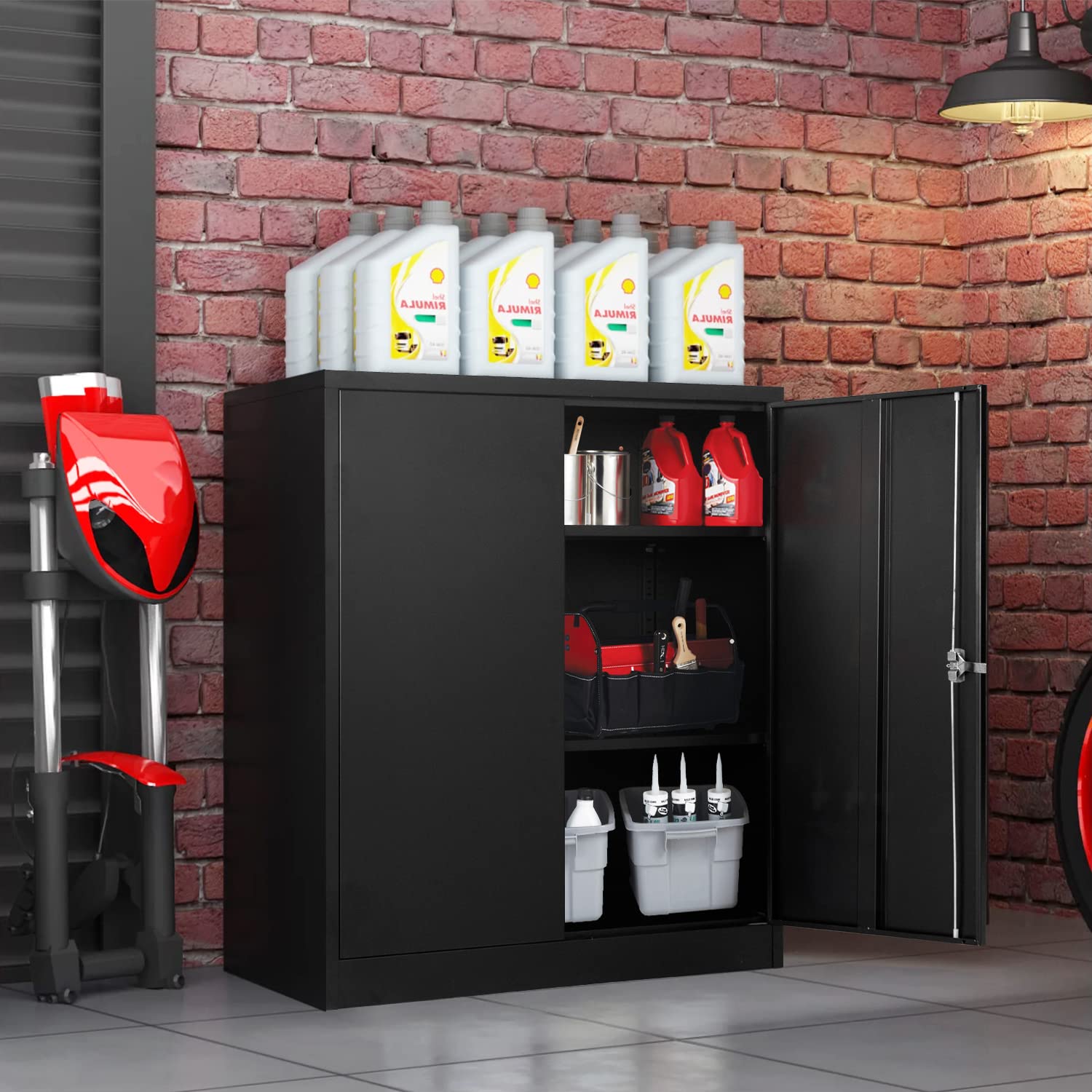 INTERGREAT 42" Metal Storage Cabinet with Locking Doors, Lockable Steel Storage Cabinet with 2 Doors and Shelves, Black Metal Cabinet with Lock, INTERGREAT