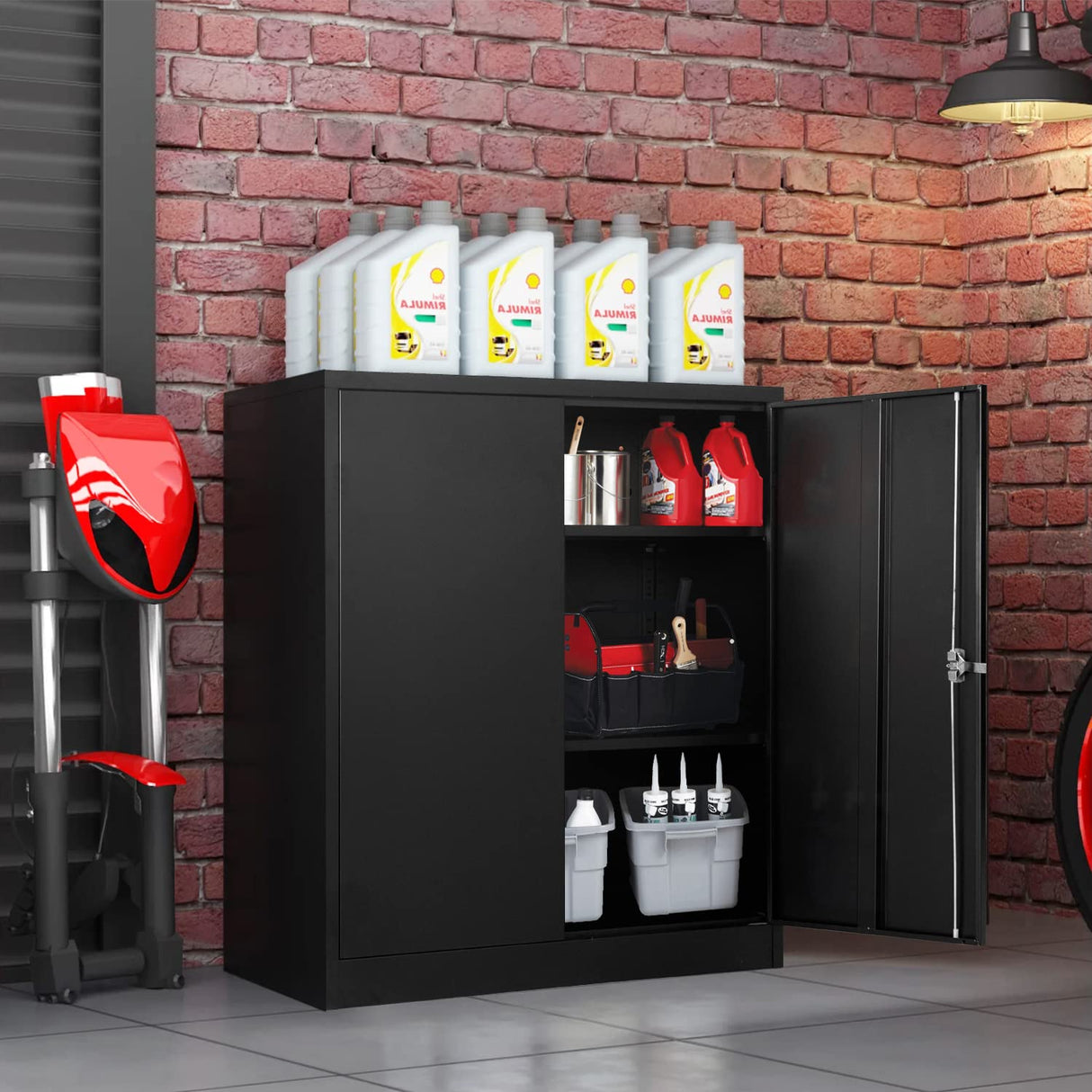 INTERGREAT 42" Metal Storage Cabinet with Locking Doors, Lockable Steel Storage Cabinet with 2 Doors and Shelves, Black Metal Cabinet with Lock, INTERGREAT