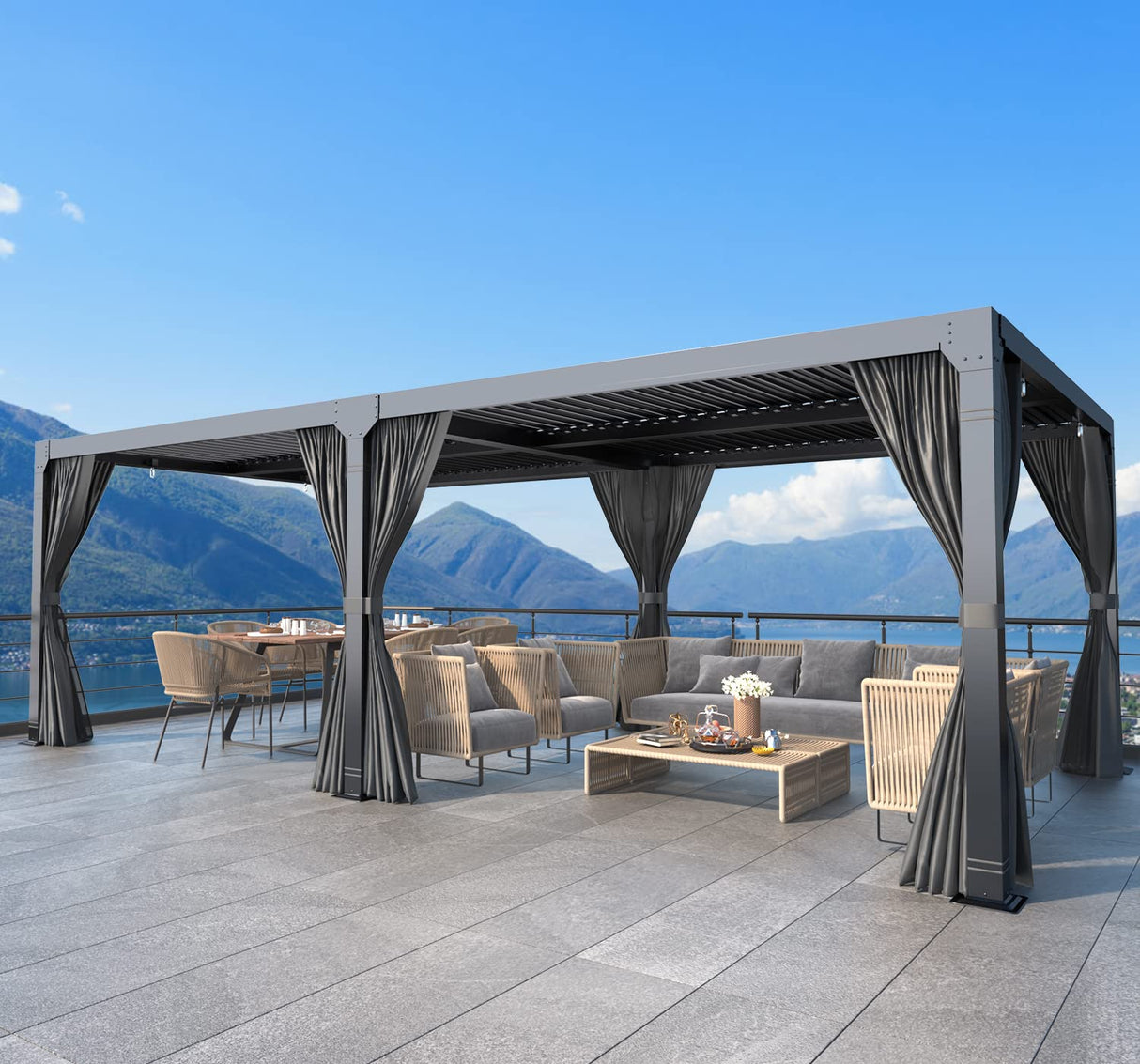 MELLCOM Louvered Pergola 12x20, Aluminum Pergola with Adjustable Louvered Roof, Outdoor Pergola with Waterproof Curtains and Nets, Gray MELLCOM