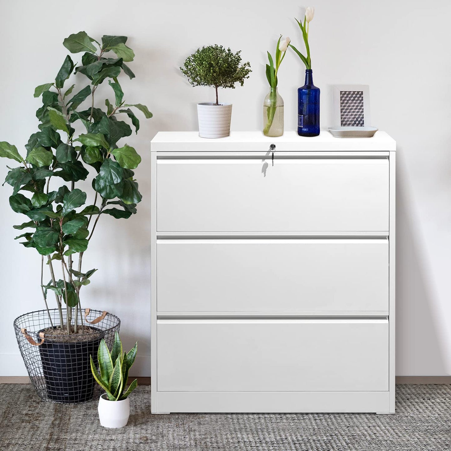 INTERGREAT White File Cabinet 3 Drawer, Metal Lateral Filing Cabinet with Lock, Locking White Horizontal Cabinet with Adjustable Frame for Home