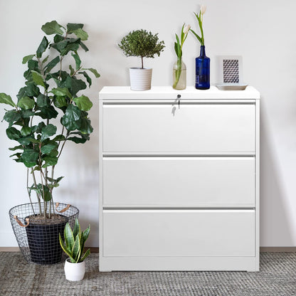 INTERGREAT White File Cabinet 3 Drawer, Metal Lateral Filing Cabinet with Lock, Locking White Horizontal Cabinet with Adjustable Frame for Home