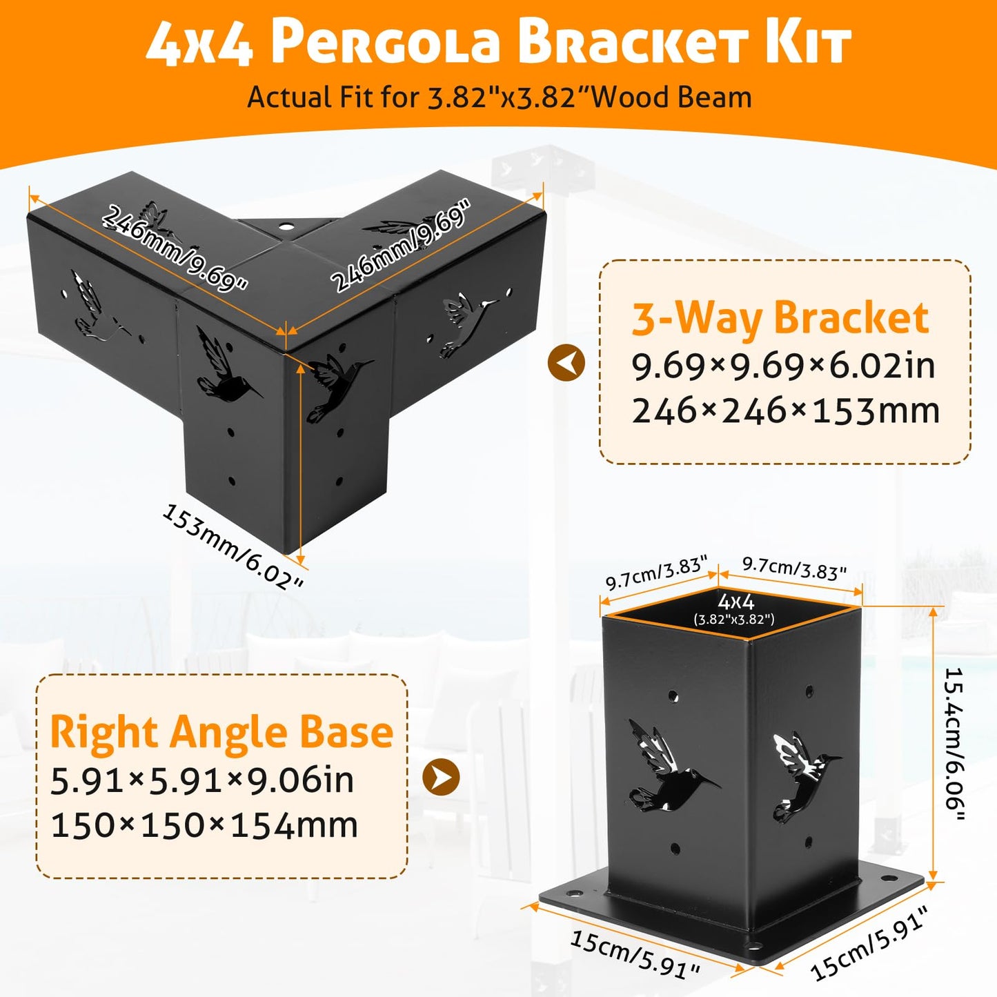 WICHEMI Pergola Kit, 4x4 Pergola Bracket Kit 3-Way Right Angle Corner Bracket with Pergola Post Base for 4x4 (Actual: 3.82x3.82) Lumber DIY Wood - WoodArtSupply