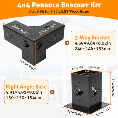 WICHEMI Pergola Kit, 4x4 Pergola Bracket Kit 3-Way Right Angle Corner Bracket with Pergola Post Base for 4x4 (Actual: 3.82x3.82) Lumber DIY Wood - WoodArtSupply