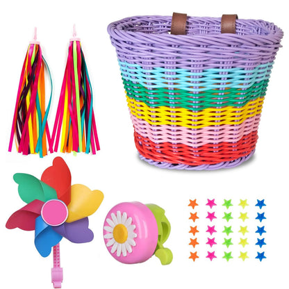 Bicycle Basket for Girls, Adjustable Front Handlebar Bike Basket with Bike Streamers Set Bell/Bicycle Windmill/Bicycle Wheel Beads DIY Bike - WoodArtSupply