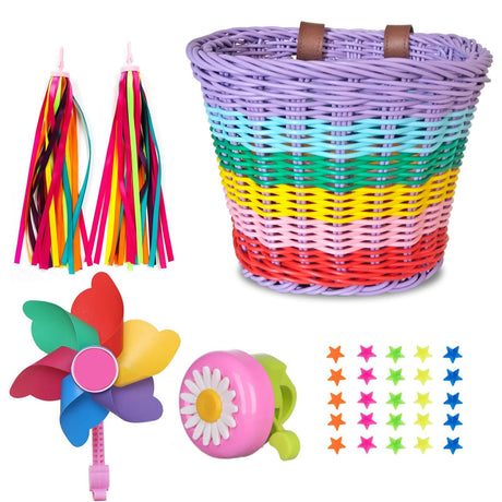 Bicycle Basket for Girls, Adjustable Front Handlebar Bike Basket with Bike Streamers Set Bell/Bicycle Windmill/Bicycle Wheel Beads DIY Bike Boltigen