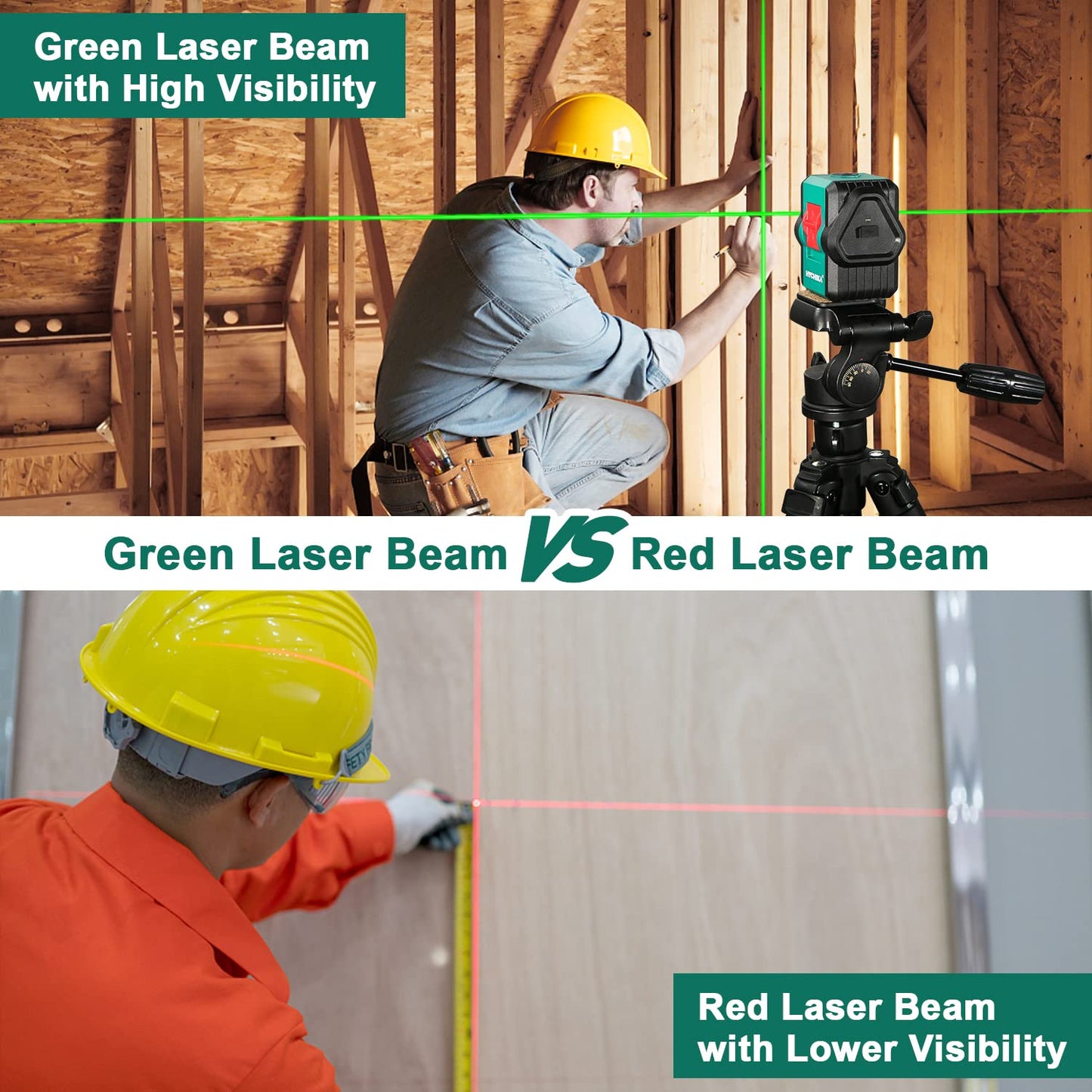 Laser Level, HYCHIKA 100Ft Self-Leveling Green Laser Level, Dual Modules with 2 Laser Heads Horizontal Vertical Cross Line, IP54, Rechargeable Cross - WoodArtSupply