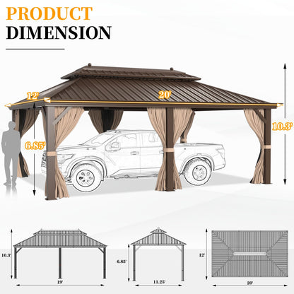 12' x 20' Hardtop Gazebo, Galvanized Steel Metal Double Roof Waterproof Gazebo, Rust-Resistant Aluminum Frame w/Netting, Curtains & Hooks, Outdoor - WoodArtSupply