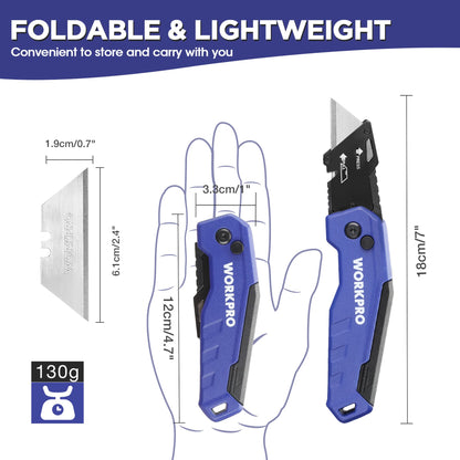 WORKPRO Folding Utility Knife, Quick Change Box Cutter, Razor Knife for Cartons, Cardboard, Boxes, Blade Storage in Aluminum Handle, 13 Extra Blades - WoodArtSupply