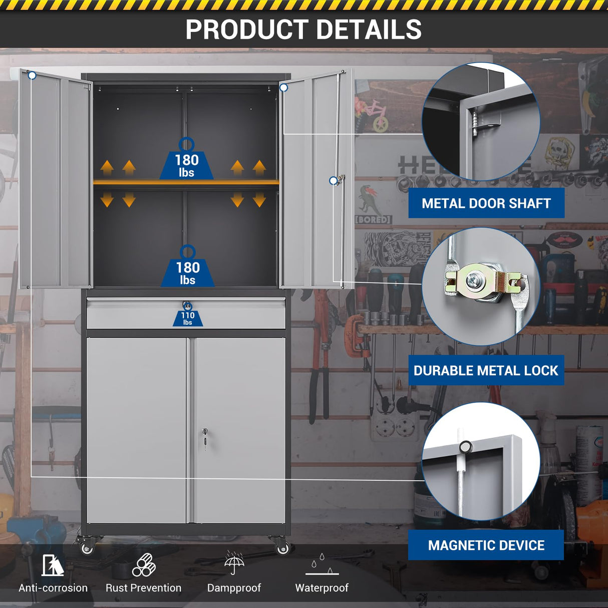 Fesbos 73" Metal Cabinet-Black&Gray Heavy Duty Rolling Storage Cabinet Steel Tool Cabinets with Wheels, Shelves, Lockable Doors and Drawers- for Fesbos