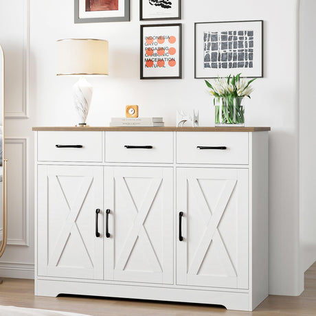 HOSTACK Modern Farmhouse Sideboard Buffet Cabinet, Barn Doors Buffet Storage Cabinet with Drawers and Shelves, Wood Coffee Bar Cabinet with Storage HOSTACK
