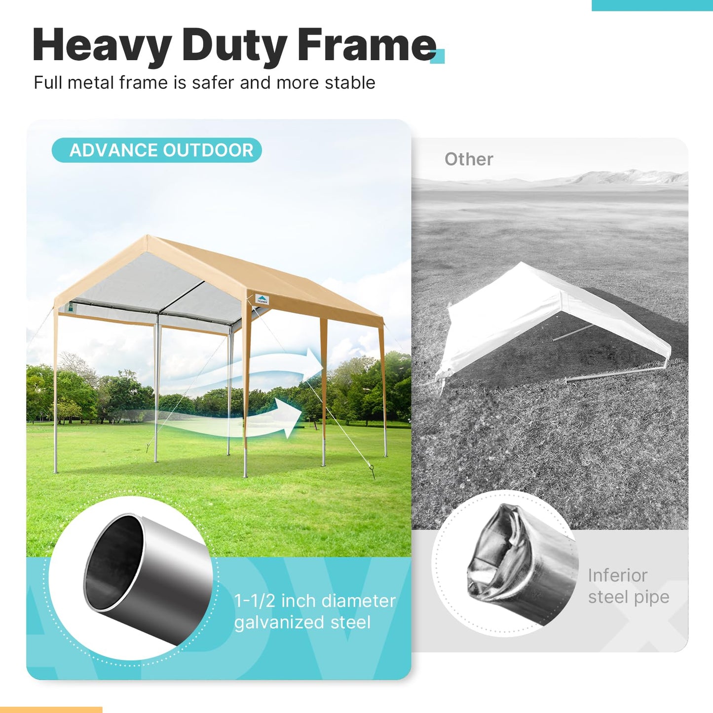 ADVANCE OUTDOOR Adjustable 10x20 ft Heavy Duty Carports Car Canopy Garage Boat Shelter Party Tent, Adjustable Height from 9.5 ft to 11 ft, Beige