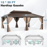 MELLCOM 12' x 20' Hardtop Gazebo,Galvanized Steel Metal Double Roof Gazebo with Curtain and Netting,Brown Permanent Pavilion Gazebo with Aluminum MELLCOM
