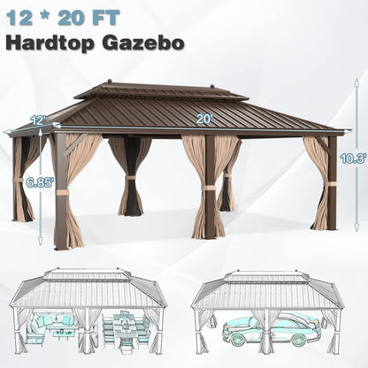 MELLCOM 12' x 20' Hardtop Gazebo,Galvanized Steel Metal Double Roof Gazebo with Curtain and Netting,Brown Permanent Pavilion Gazebo with Aluminum - WoodArtSupply