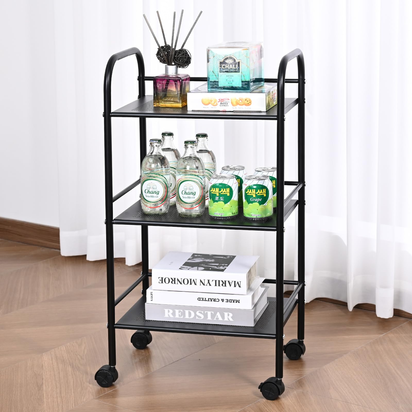 VEVOR 3-Tier Metal Rolling Cart, Heavy Duty Utility Cart with Lockable Wheels, Multi-Functional Storage Trolley with Handle for Office, Living Room, - WoodArtSupply