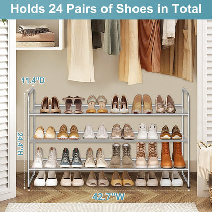 AOODA 3-Tier Long Shoe Rack for Closet Metal Wide Shoe Organizer for Entryway, Bedroom, Floor, Holds 24 Pairs Men Sneakers Stackable Shoe Storage