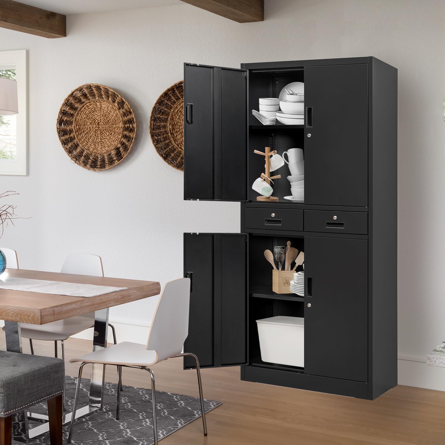 BESFUR Pantry Metal Storage Cabinet with 2 Drawers and Adjustable Shelves, Locking Storage Cabinet for Office, Garage, Home, School, Utility BESFUR