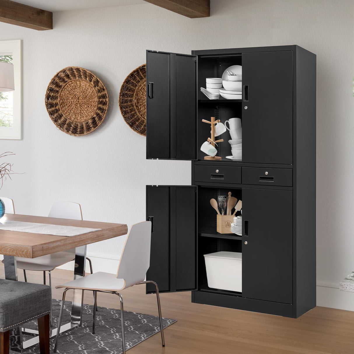 BESFUR Pantry Metal Storage Cabinet with 2 Drawers and Adjustable Shelves, Locking Storage Cabinet for Office, Garage, Home, School, Utility BESFUR