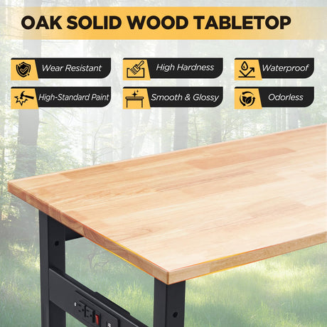 47.2" Adjustable Work Bench, Workbench for Garage with Power Outlet, 2200LBS Load Capacity Hardwood Oak Top Heavy-Duty Work Table for Garage, BMJX US