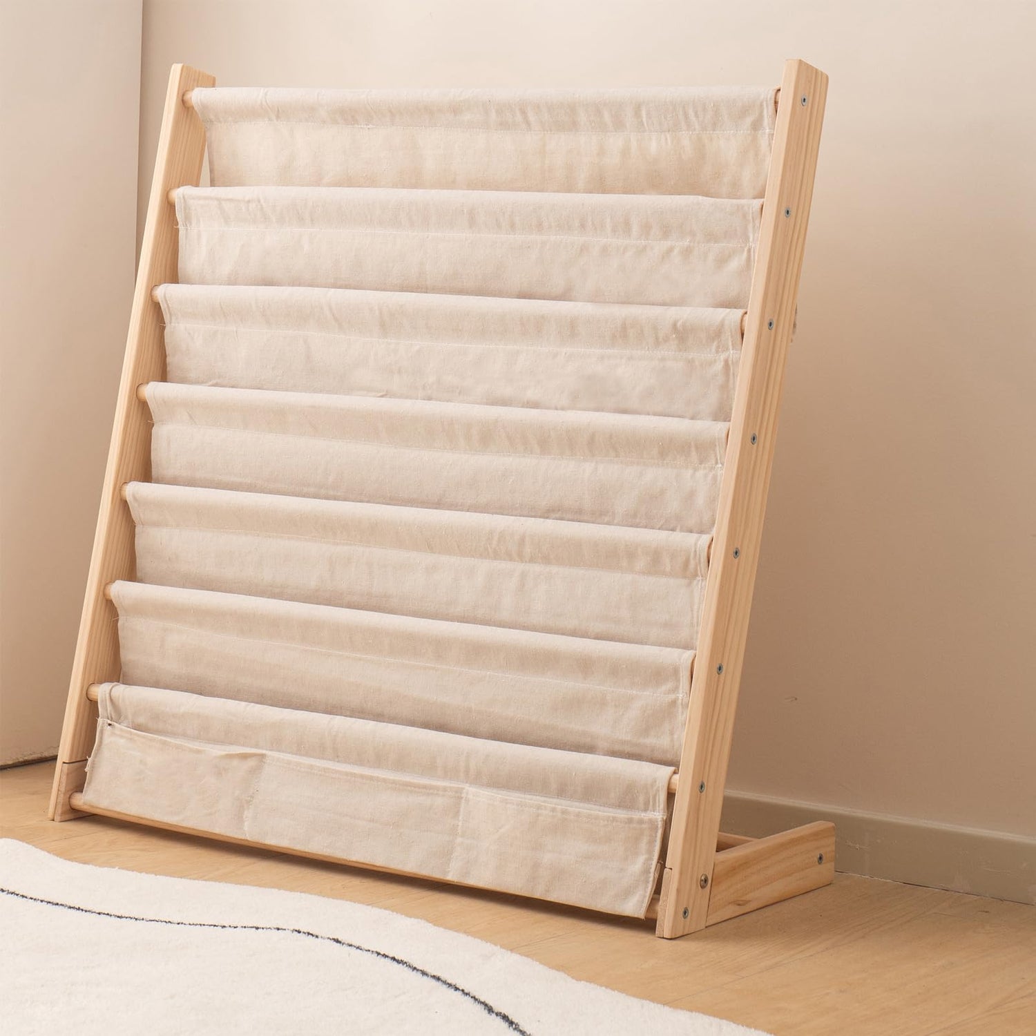 ChubanCraft Kids Wooden Bookshelf - 6-Tier Natural Pine Bookrack with Canvas Storage ChubanCraft