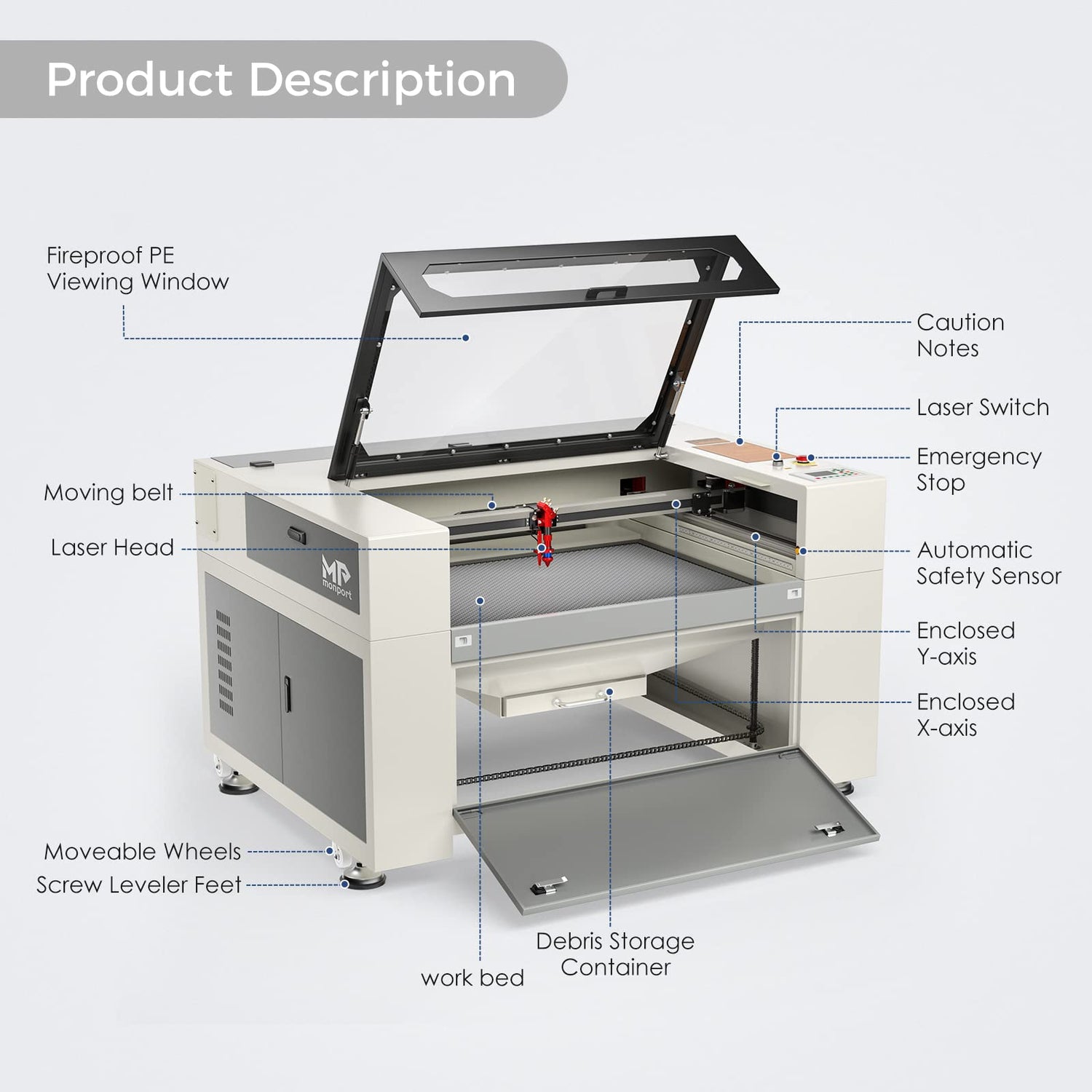Monport Upgraded Fireproof Auto Focus 100W CO2 Laser Engraver & Cutter with Large Working Area (24" x 40"),with 6L CW-5200 Industrial Water Chiller Monport