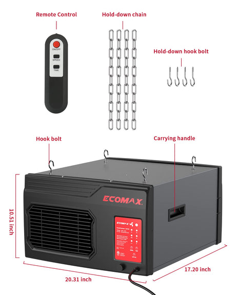 Ecomax MCF03 Air Filtration System, 3-Speed Hanging Ceiling Dust Collectors for Woodworking, Remote Controlled Dust Collection Systems for Shop ECOMAX
