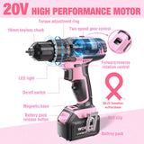 WORKPRO Pink Cordless 20V Lithium-ion Drill Driver Set, 1 Battery, Charger and Storage Bag Included - Pink Ribbon WORKPRO