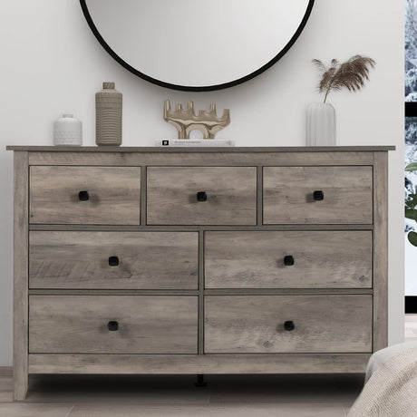 Vikiullf 7 Drawer Dresser - Wooden Bedroom Dresser, Gray Storage Drawers Cabinet for Bedroom, Living Room, Farmhouse Dresser Organizer Vikiullf