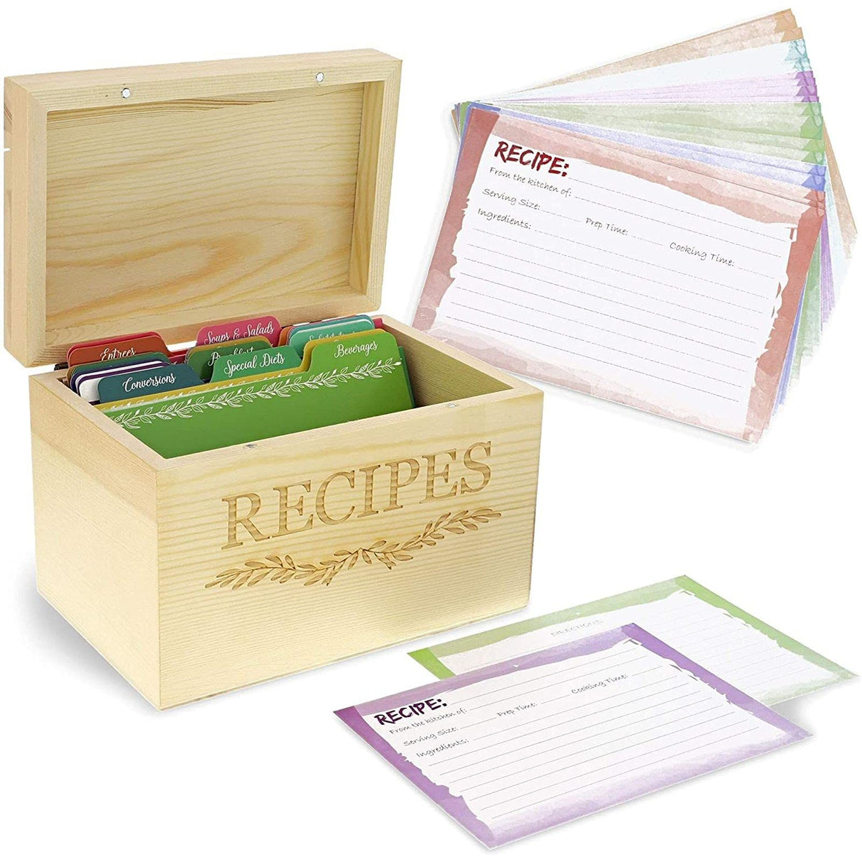 Juvale Wood Recipe Organization Box with Cards and Dividers Juvale