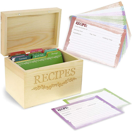 Juvale Wood Recipe Organization Box with Cards and Dividers Juvale