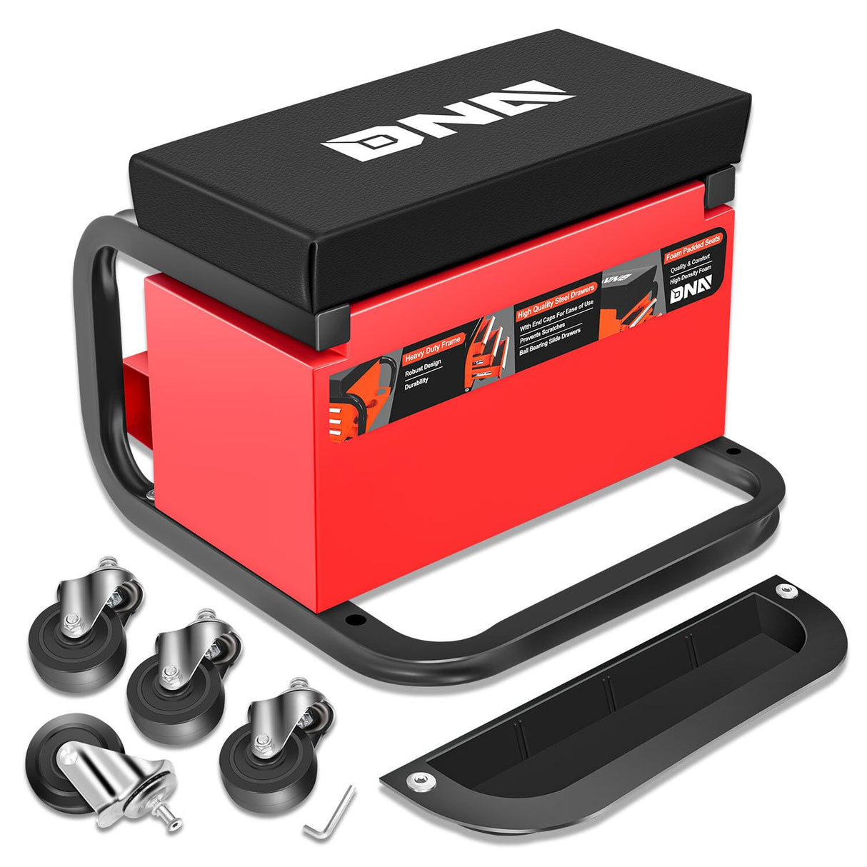 DNA MOTORING 3-Drawer Rolling Mechanic Seat Garage Shop Roller Stool with Tray and Storage Slots, 242lbs / 110kg Weight Capacity,TOOLS-00142 DNA MOTORING