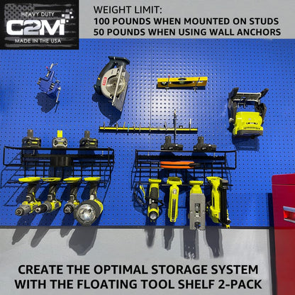 C2M Heavy Duty Floating Tool Shelf & Organizer | Wall Mounted Garage Storage Rack for Handheld & Power Tools | USA Made, 100# Weight Limit, Compact - WoodArtSupply