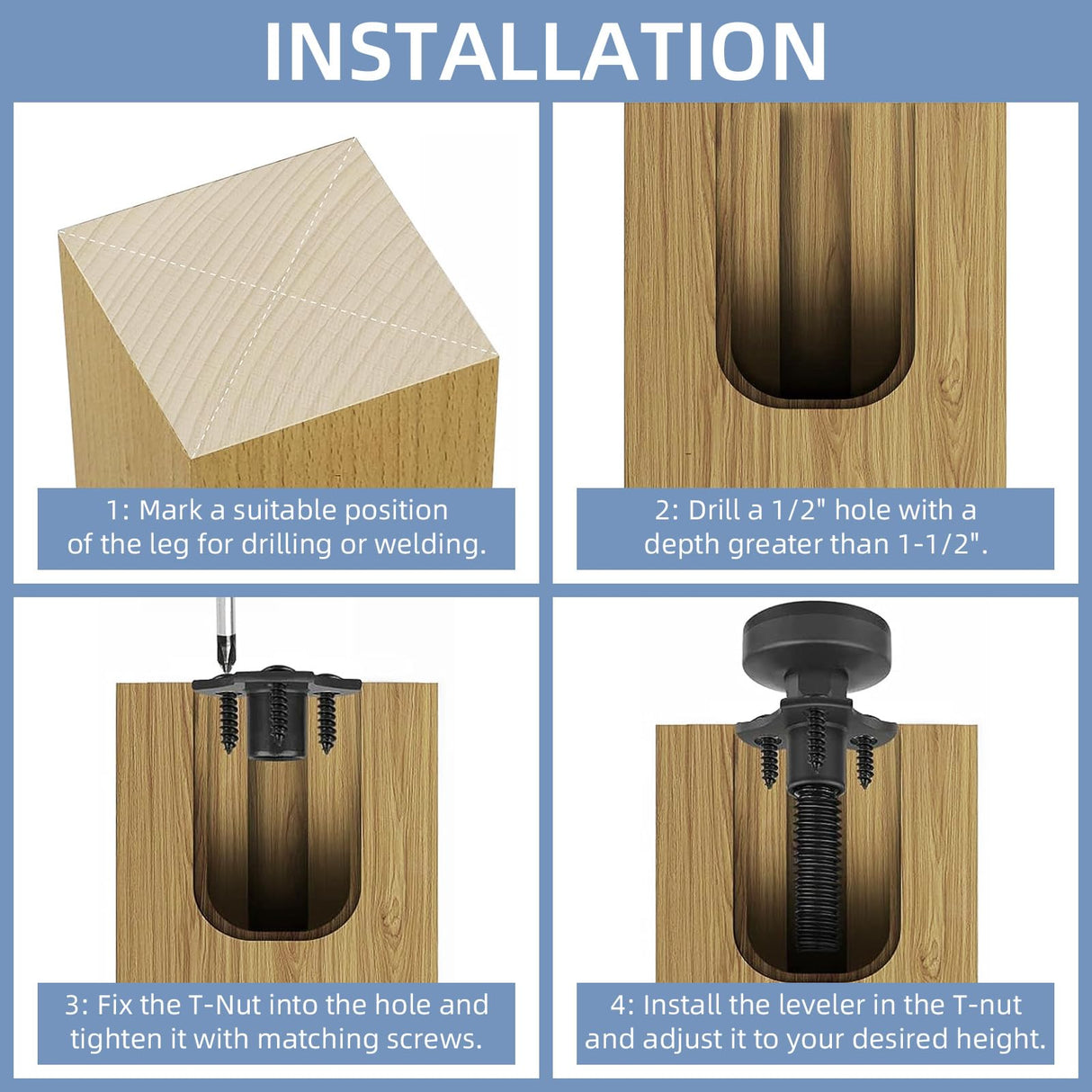 ReFeltidolom 3/8''-16 Thread Adjustable Leveling Feet Furniture Levelers, Heavy Duty Leg Levelers Furniture Legs for ReFeltidolom