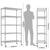 Homdox 5 Tier Adjustable Rolling Storage Shelves, Heavy Duty Wire Storage Racks and Shelving, Metal Shelves for Storage with Side Hooks for Pantry Homdox