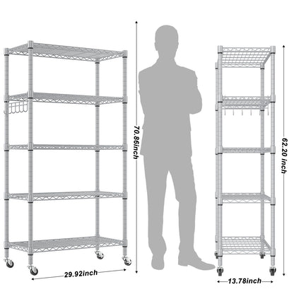 Homdox 5 Tier Adjustable Rolling Storage Shelves, Heavy Duty Wire Storage Racks and Shelving, Metal Shelves for Storage with Side Hooks for Pantry - WoodArtSupply