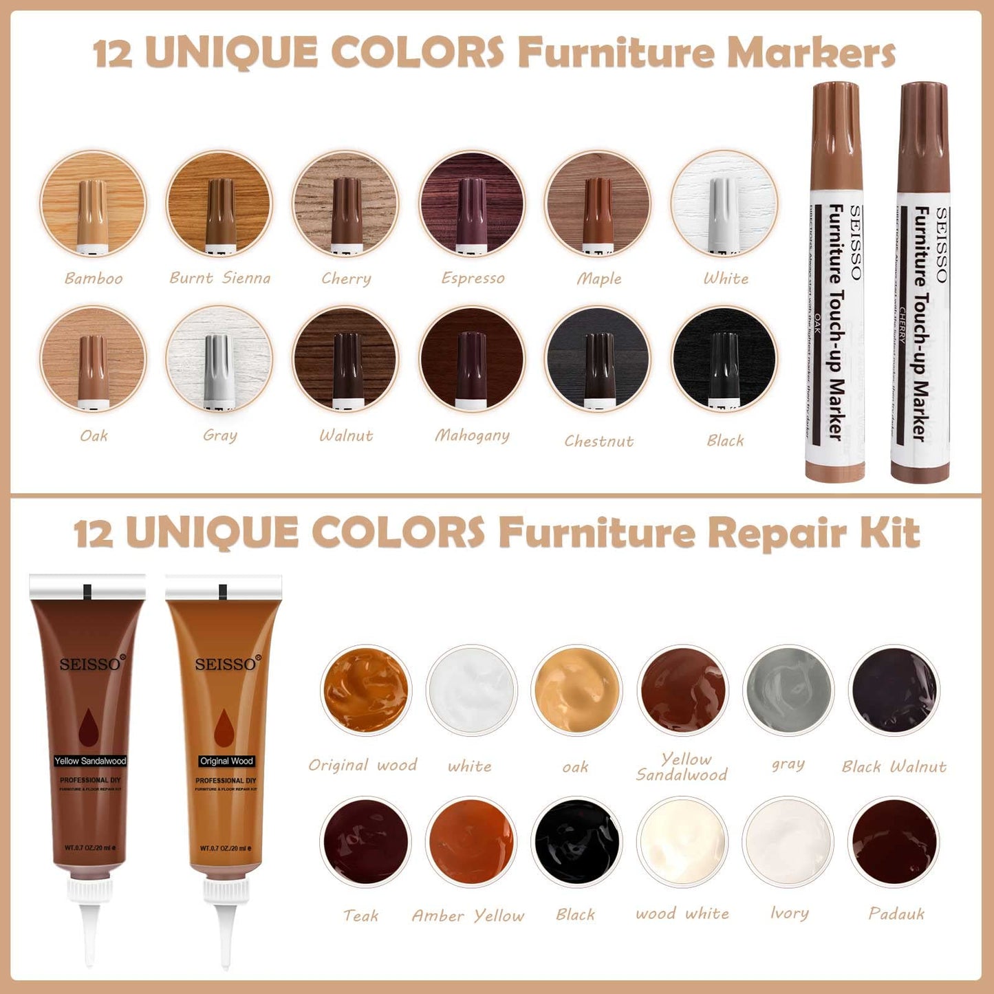 SEISSO Furniture Repair Kit, Wood Markers for Scratches, 12 Colors Furniture Touch-up Markers and Wood Fillers, New Upgrade Wood Repair Kit - Restore