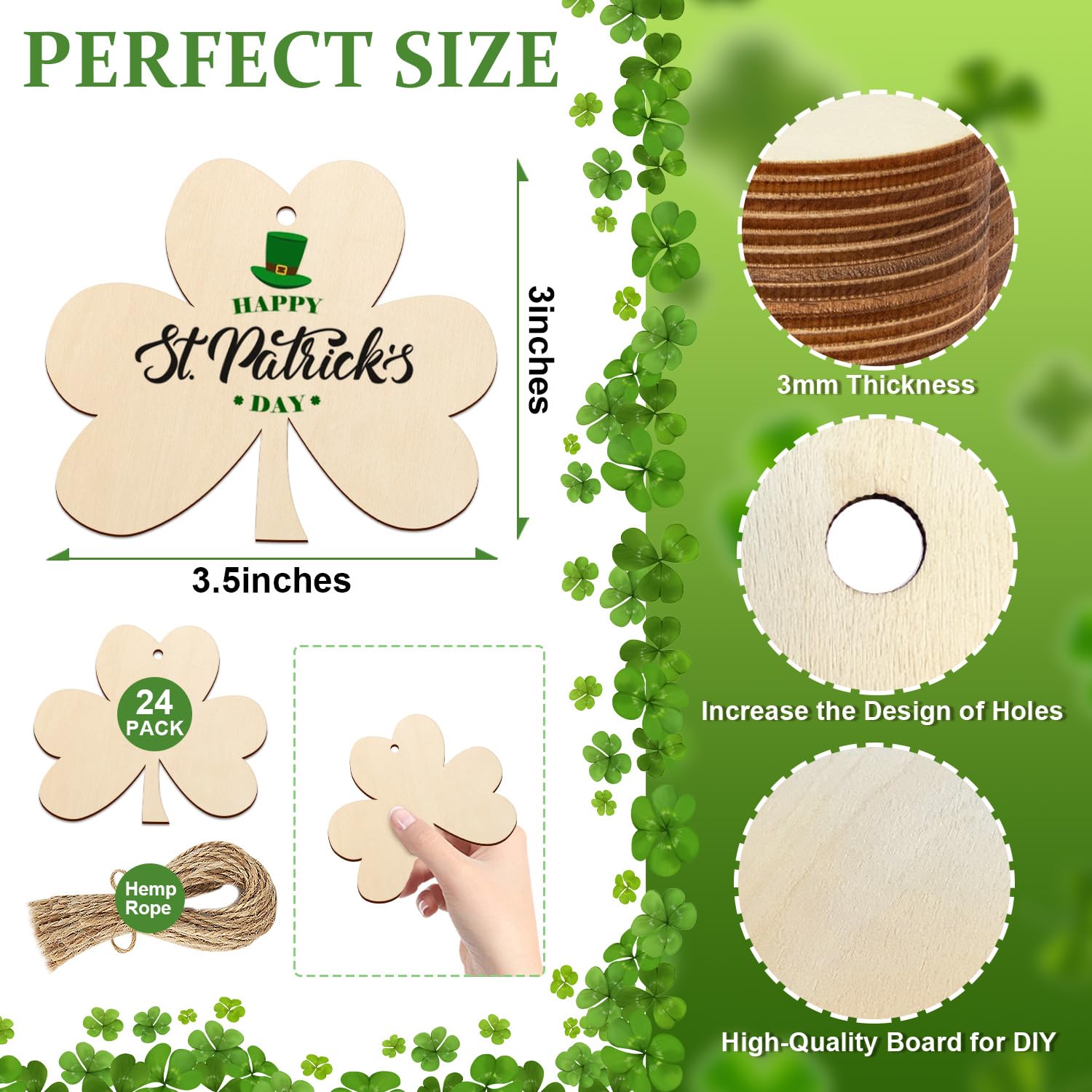 Wooden Shamrock Ornaments to Paint St. Patrick's Day Decoration Cutouts Unfinished 24PCS 3.5 x 3 inches, DIY Blank Unfinished Wood Discs Ornament for Sophena