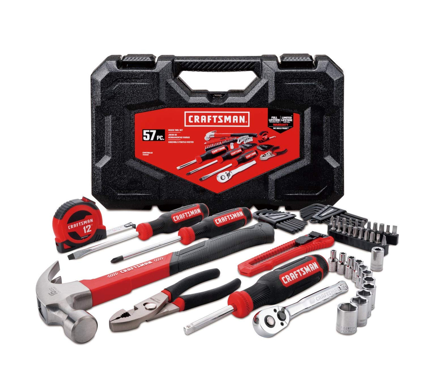 CRAFTSMAN Home Tool Kit / Mechanics Tool Set, 57-Piece, Hammer, Screwdrivers, Drill Bits, Sockets, Ratchet, Hex Keys, Tape Measure, Pliers and More